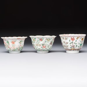 Three sets of Chinese famille verte cups and saucers with birds and flowers, various marks, Kangxi — photo 4