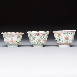 Three sets of Chinese famille verte cups and saucers with birds and flowers, various marks, Kangxi — photo 5