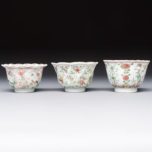 Three sets of Chinese famille verte cups and saucers with birds and flowers, various marks, Kangxi — photo 6