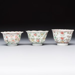 Three sets of Chinese famille verte cups and saucers with birds and flowers, various marks, Kangxi — photo 7
