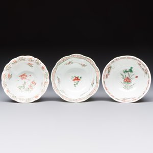 Three sets of Chinese famille verte cups and saucers with birds and flowers, various marks, Kangxi — photo 8