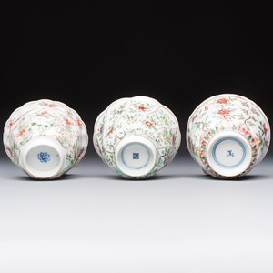 Three sets of Chinese famille verte cups and saucers with birds and flowers, various marks, Kangxi — photo 9