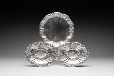 Three silver dishes with floral design, probably Germany, 19/20th C.