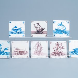 Tien blauw-witte en mangane Delftse tegels met zeewezens, 17/18e eeuw — foto 2