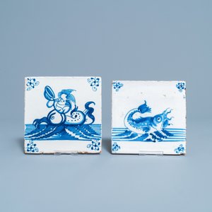 Tien blauw-witte en mangane Delftse tegels met zeewezens, 17/18e eeuw — foto 4