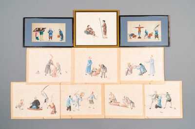 Tien Chinese rijstpapier schilderingen met voorstellingen van straffen, 19e eeuw