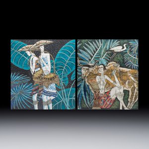 Ting Shao Kuang (b. 1939, attr. to): 'Beauty with Buffalo and Crane' and 'Two Beauties Carrying Bamboo Baskets', mixed techniques, 20th C. — photo 1