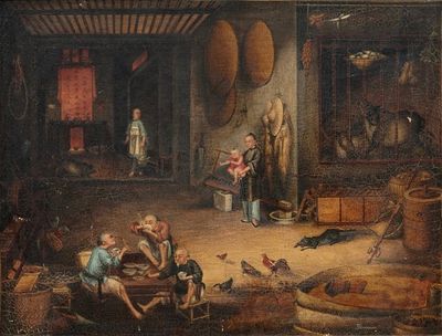 Tingqua (Canton, ca. 1809-1870): A tea scene in the stable, oil on canvas, signed l.r.