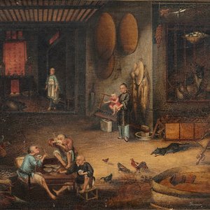 Tingqua (Canton, ca. 1809-1870): A tea scene in the stable, oil on canvas, signed l.r. — 照片 1