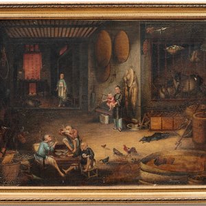 Tingqua (Canton, ca. 1809-1870): Buvoirs de thé dans l'écurie, huile sur toile, signée en bas à droite — photo 2