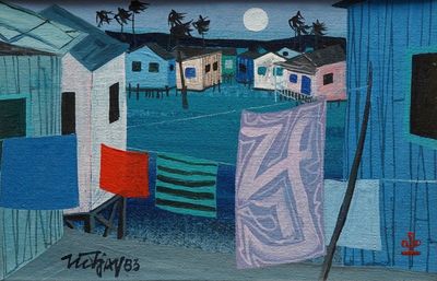 Tio Tjay (Indonesia, 1946): Beach houses, oil on panel, dated 1983