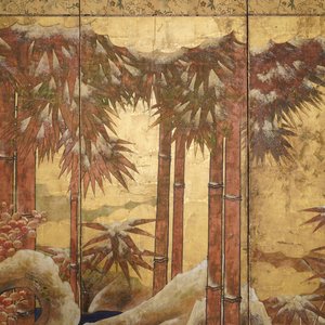 Tosa-school, Japan, 16/17e eeuw, kamerscherm met inkt, kleur en goud op papier: een oever met bamboe en rotsen — foto 3