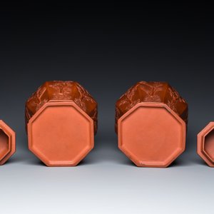 Très rare paire de vases couverts de forme octogonale en grès de Yixing, Chine, Kangxi — photo 8