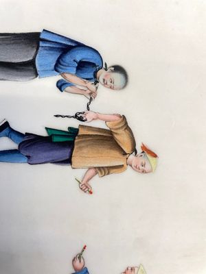 Trois albums et deux peintures sur papier de riz cadrées à décor des personnages, de la faune et de la flore, Chine, Tak Shang Saihing — photo 31