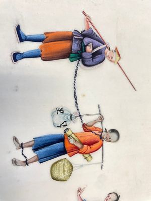 Trois albums et deux peintures sur papier de riz cadrées à décor des personnages, de la faune et de la flore, Chine, Tak Shang Saihing — photo 46