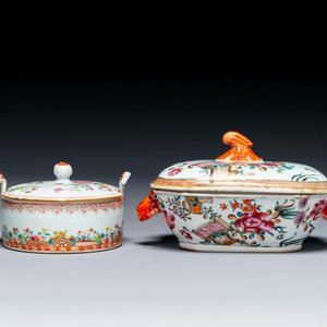 Trois assiettes, un beurrier et une soupière couverte en porcelaine de Chine famille rose, Qianlong — photo 4