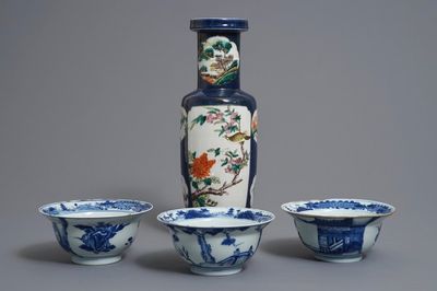Trois bols et un vase en porcelaine de Chine bleu et blanc et famille rose, Kangxi et 19ème