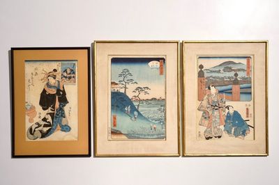 Trois estampes japonaises encadrées, Edo/Meiji, 19ème