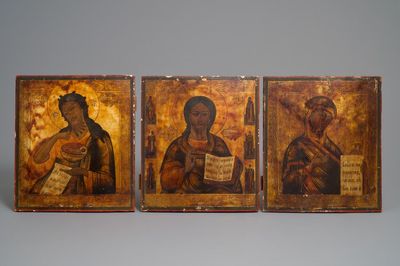 Trois icônes russes: 'La Mère de Dieu', 'Pantocrator' et 'Jean le Baptiste', 19ème