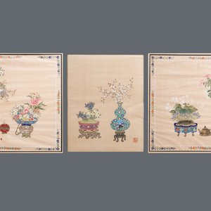 Trois peintures chinoises sur soie: 'Antiquités aux fleurs', 19ème — photo 1
