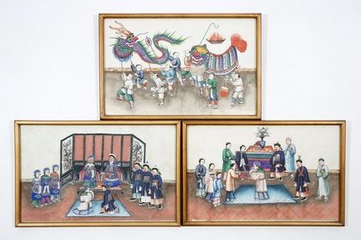Trois peintures sur papier de riz, Chine, Canton, 19ème