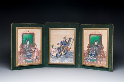 Trois peintures sur papier de riz contenues dans un triptyque, Canton, Chine, 19ème