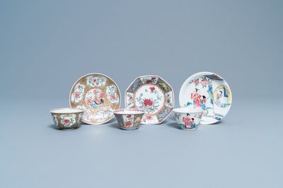 Trois tasses et soucoupes en porcelaine de Chine famille rose, Yongzheng/Qianlong