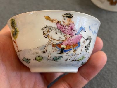 Trois tasses et soucoupes et une boîte à thé couverte en porcelaine de Chine famille rose, Yongzheng/Qianlong — photo 8