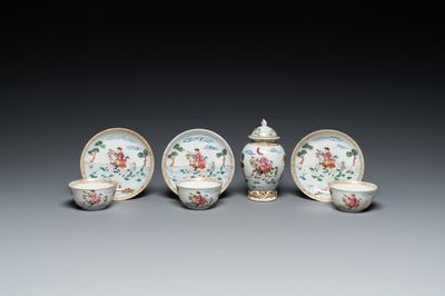 Trois tasses et soucoupes et une boîte à thé couverte en porcelaine de Chine famille rose, Yongzheng/Qianlong