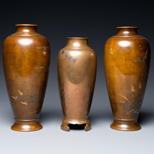 Trois vases en bronze incrusté d'argent et de cuivre, Japon, Meiji, 19ème — photo 5