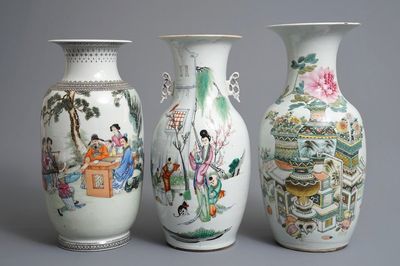 Trois vases en porcelaine de Chine famille rose et qianjiang cai, 19/20ème