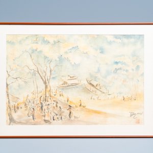 Tu Duyen (Vietnam, 1915-2012), encre et aquarelle sur soie: 'Harbour scene', daté 1974 — photo 2