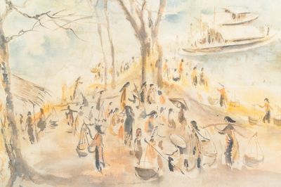 Tu Duyen (Vietnam, 1915-2012), ink and watercolour on silk: 'Harbour scene', dated 1974