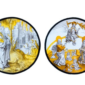 Twee beschilderde glazen medaillons met 'Het Laatste Oordeel' & 'Abraham die Sodom ziet branden', Zuidelijke Nederlanden, wellicht 19e eeuw — foto 2
