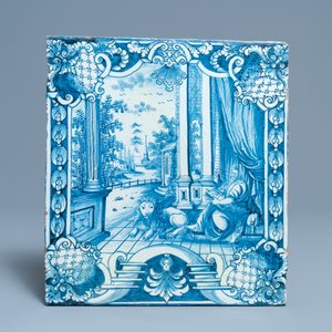 Twee blauw-witte Duitse kacheloventegels met bijbelse voorstellingen, Neurenberg, 18e eeuw — foto 2