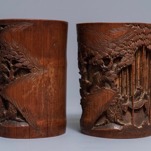 Twee Chinese bamboe houten penselenpotten, 18/19e eeuw — foto 4