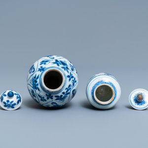 Twee Chinese blauw-witte dekselvaasjes met Lange Lijzen, Kangxi — foto 5
