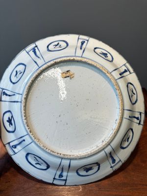 Twee Chinese blauw-witte kraakporseleinen schotels met vogels en insecten, Wanli — foto 18