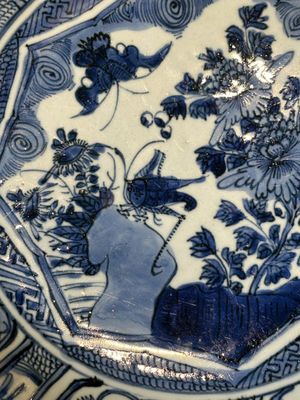 Twee Chinese blauw-witte kraakporseleinen schotels met vogels en insecten, Wanli — foto 3