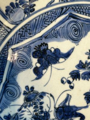 Twee Chinese blauw-witte kraakporseleinen schotels met vogels en insecten, Wanli — foto 5
