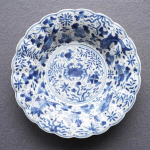 Twee Chinese blauw-witte plooischotels en een paar borden met vissen en krabben, Kangxi — foto 10