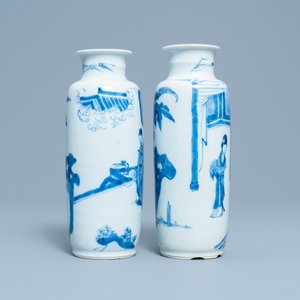 Twee Chinese blauw-witte rouleau vazen, Kangxi — foto 4