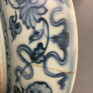 Twee Chinese blauw-witte schotels met een pauw en met vissen, Hongzhi — foto 11