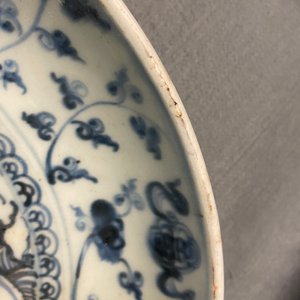 Twee Chinese blauw-witte schotels met een pauw en met vissen, Hongzhi — foto 10