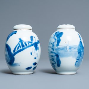 Twee Chinese blauw-witte theebussen met deksels, Kangxi — foto 2