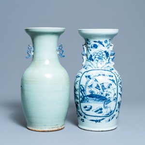Twee Chinese blauw-witte vazen met celadon fondkleur, 19e eeuw — foto 3