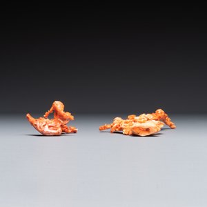 Twee Chinese bloedkoralen groepen van vogels tussen bloemen, 19e/20e eeuw — foto 6