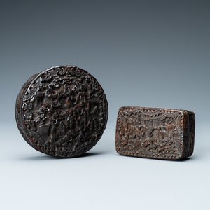 Twee Chinese dekseldoosjes in schildpadfineer, Canton, 19e eeuw — foto 3