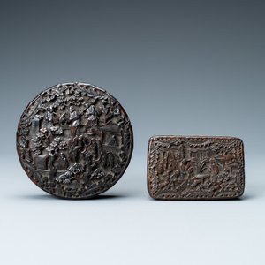 Twee Chinese dekseldoosjes in schildpadfineer, Canton, 19e eeuw — foto 4