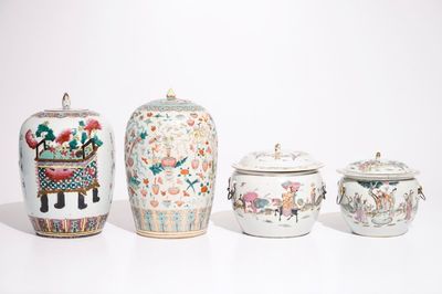 Twee Chinese famille rose dekselkommen en twee gemberpotten, 19e eeuw